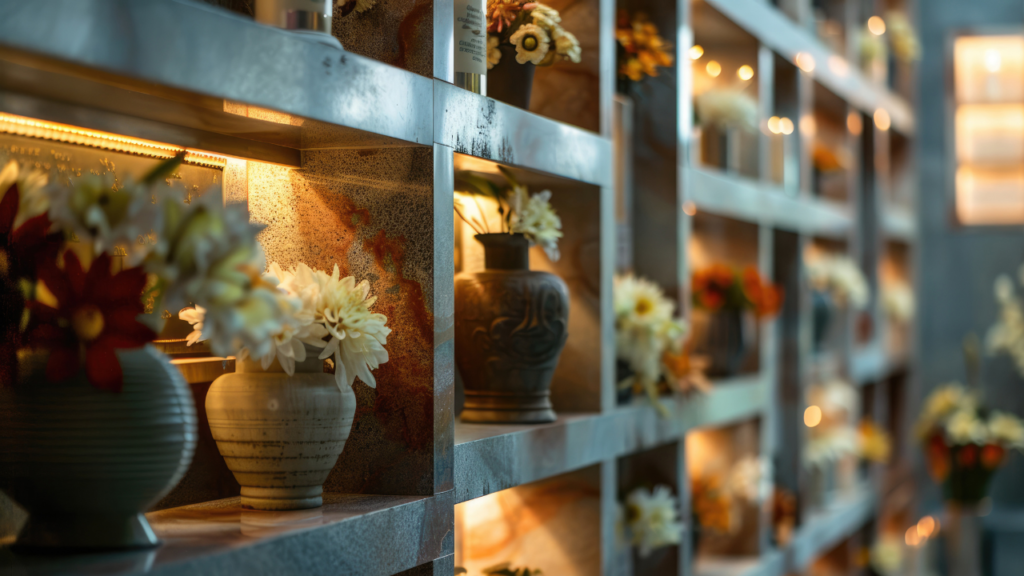 rows of columbarium niches adorned with flowers