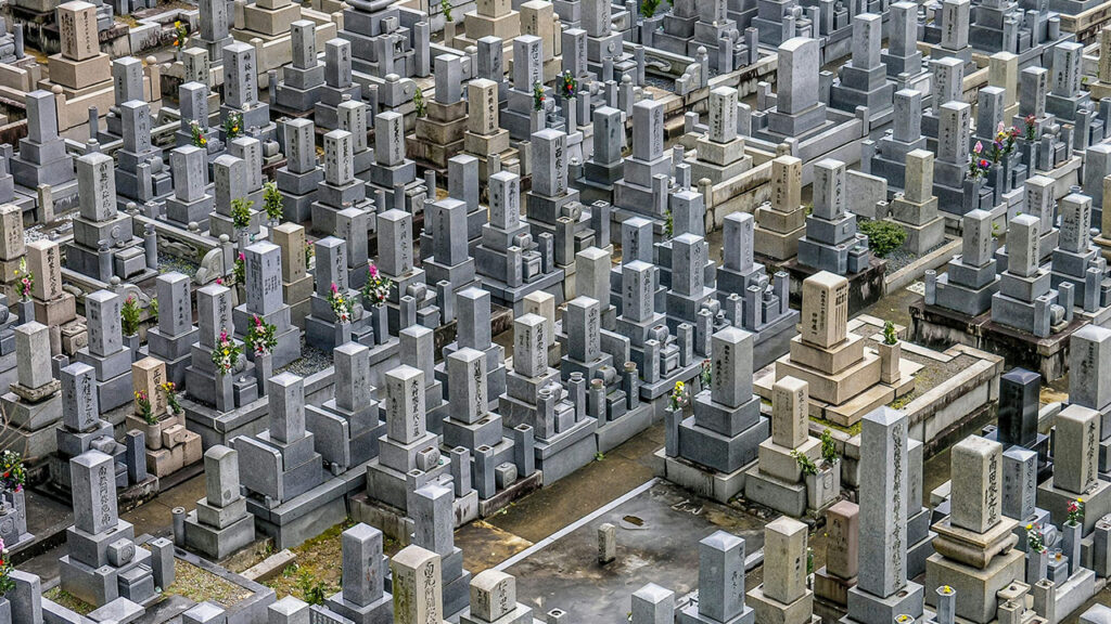 aerial photo of concrete graveside service monuments